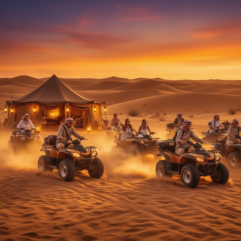 Desert safari with quad bikes and sunset over golden dunes