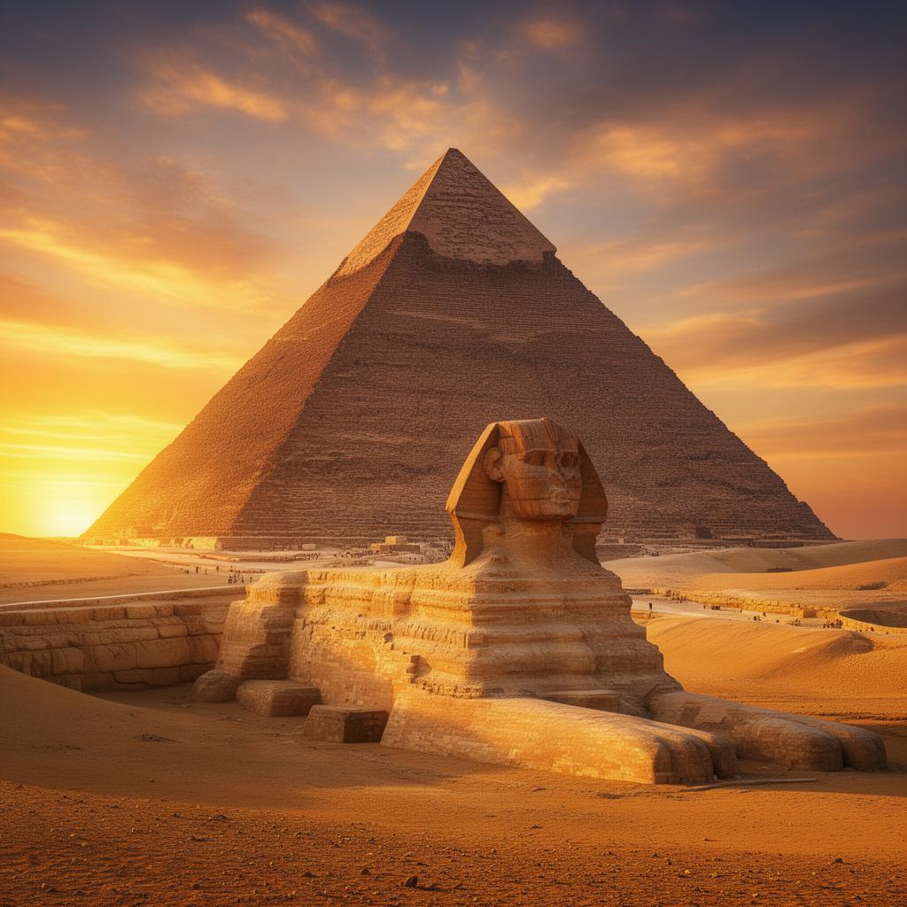 Great Pyramids of Giza and Sphinx with camels