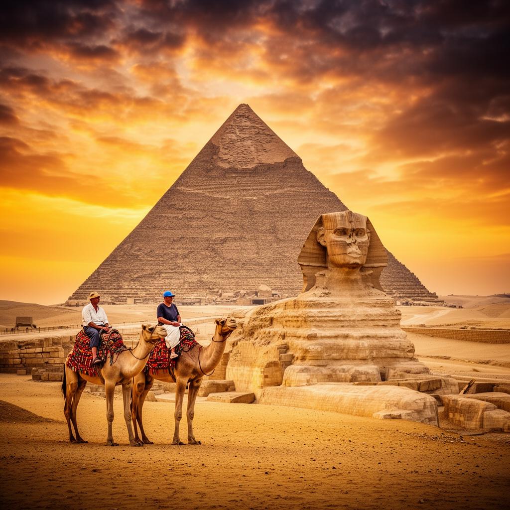Great Pyramids of Giza and Sphinx with camels
